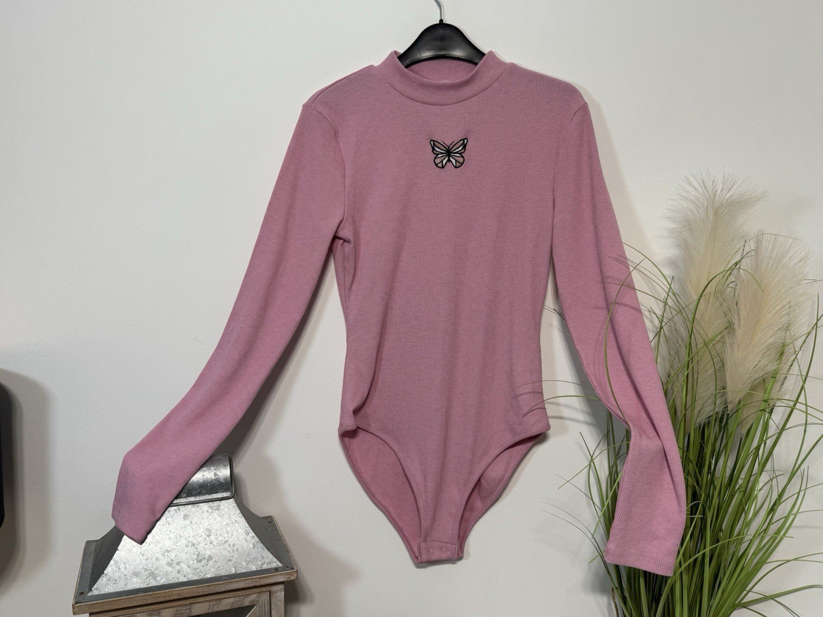 Pink Butterfly Embroidered Long Sleeve Bodysuit Size S