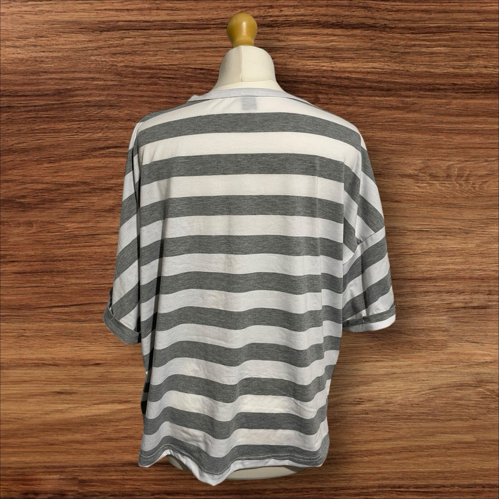 Womens White/Grey Strip Bat Wing Cotton Top Size L