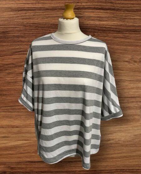 Womens White/Grey Strip Bat Wing Cotton Top Size L