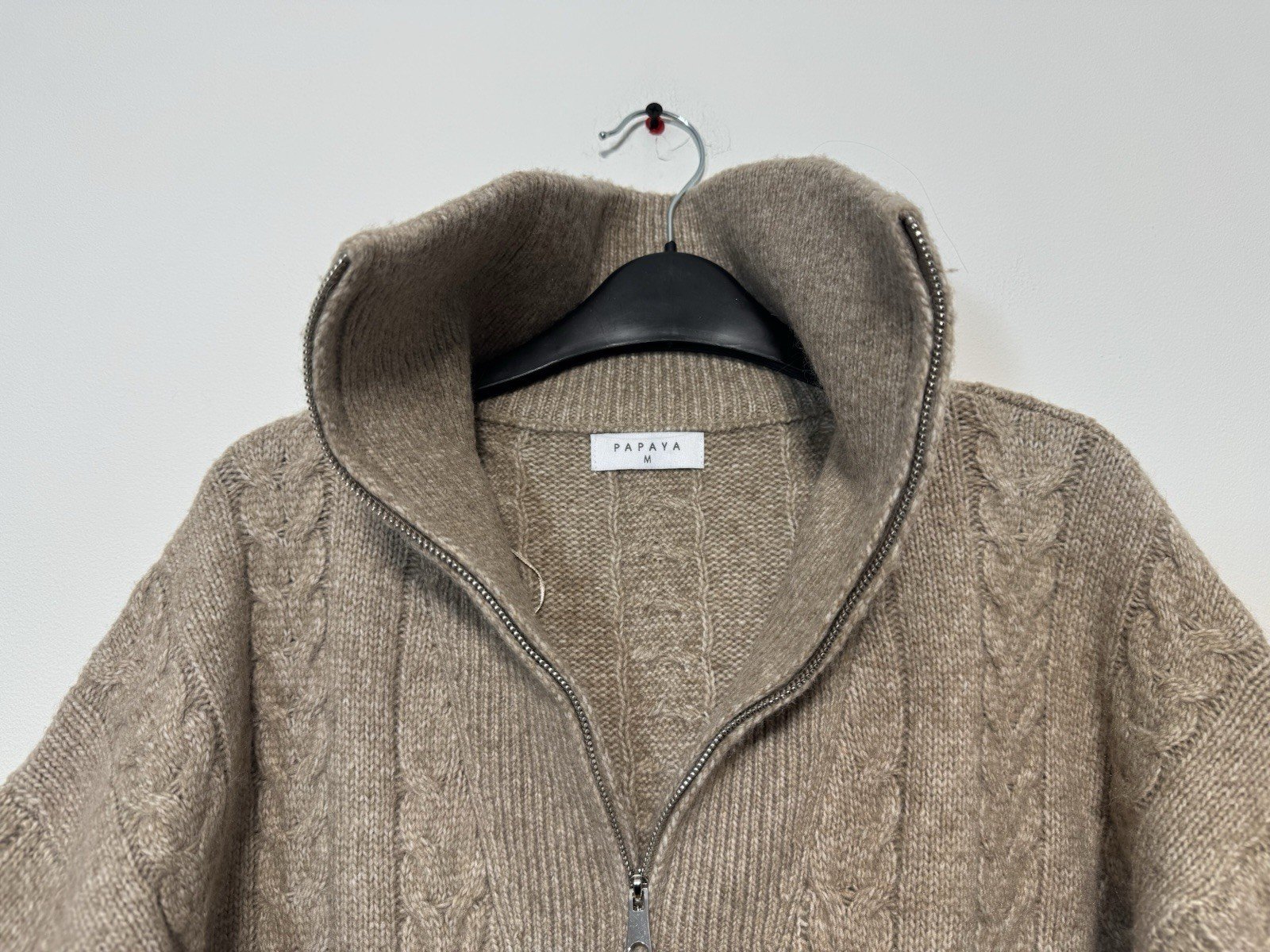 Beige Fleck Chunky Knit 1/4 Zip High Neck Jumper Size M