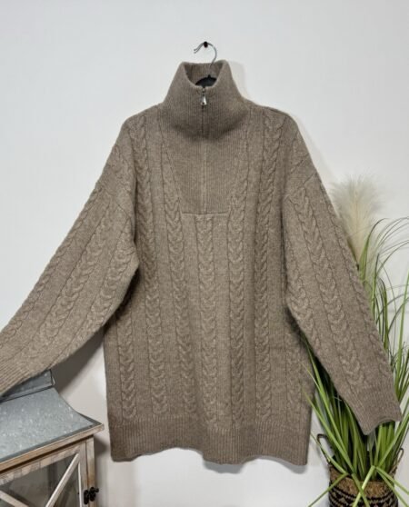 Beige Fleck Chunky Knit 1/4 Zip High Neck Jumper Size M