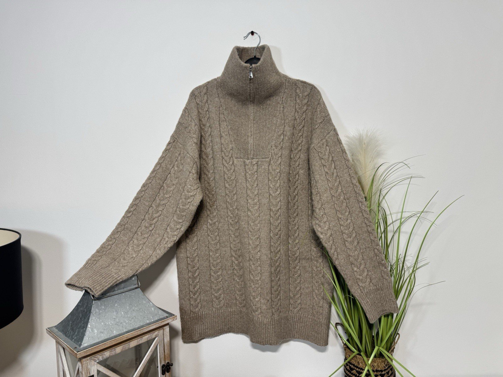 Beige Fleck Chunky Knit 1/4 Zip High Neck Jumper Size M