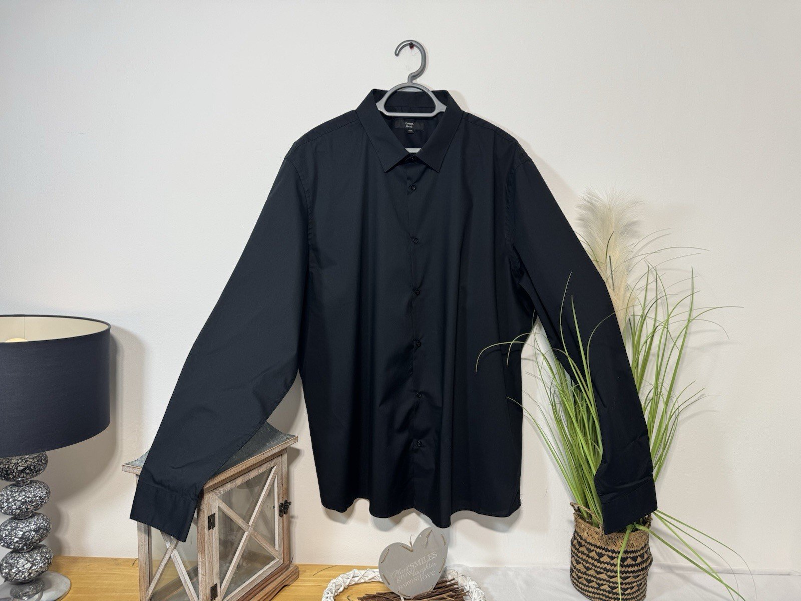 Black Slim Fit Long Sleeve Shirt Neck 18.5