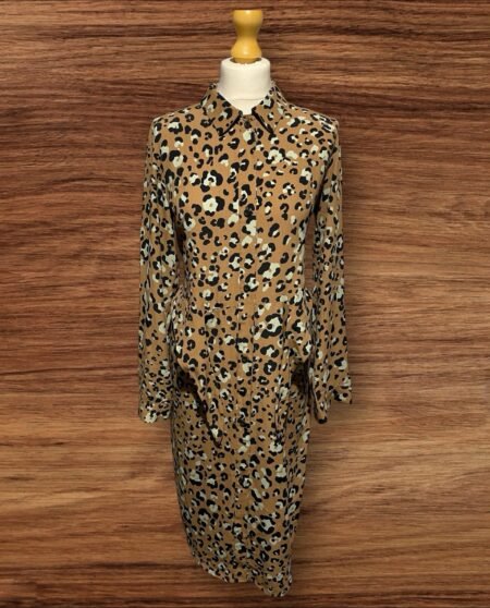 Brown Leopard Print Shirt Dress Hang Tie From Bodice Button Through Size M