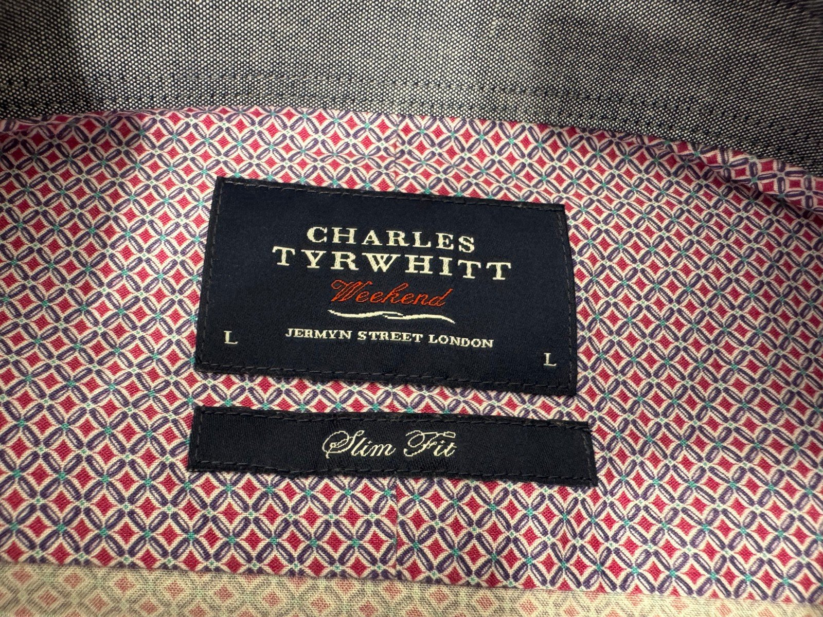 Charles Tyrwhitt Pink Pattern Slim Fit Long Sleeve Shirt Size L