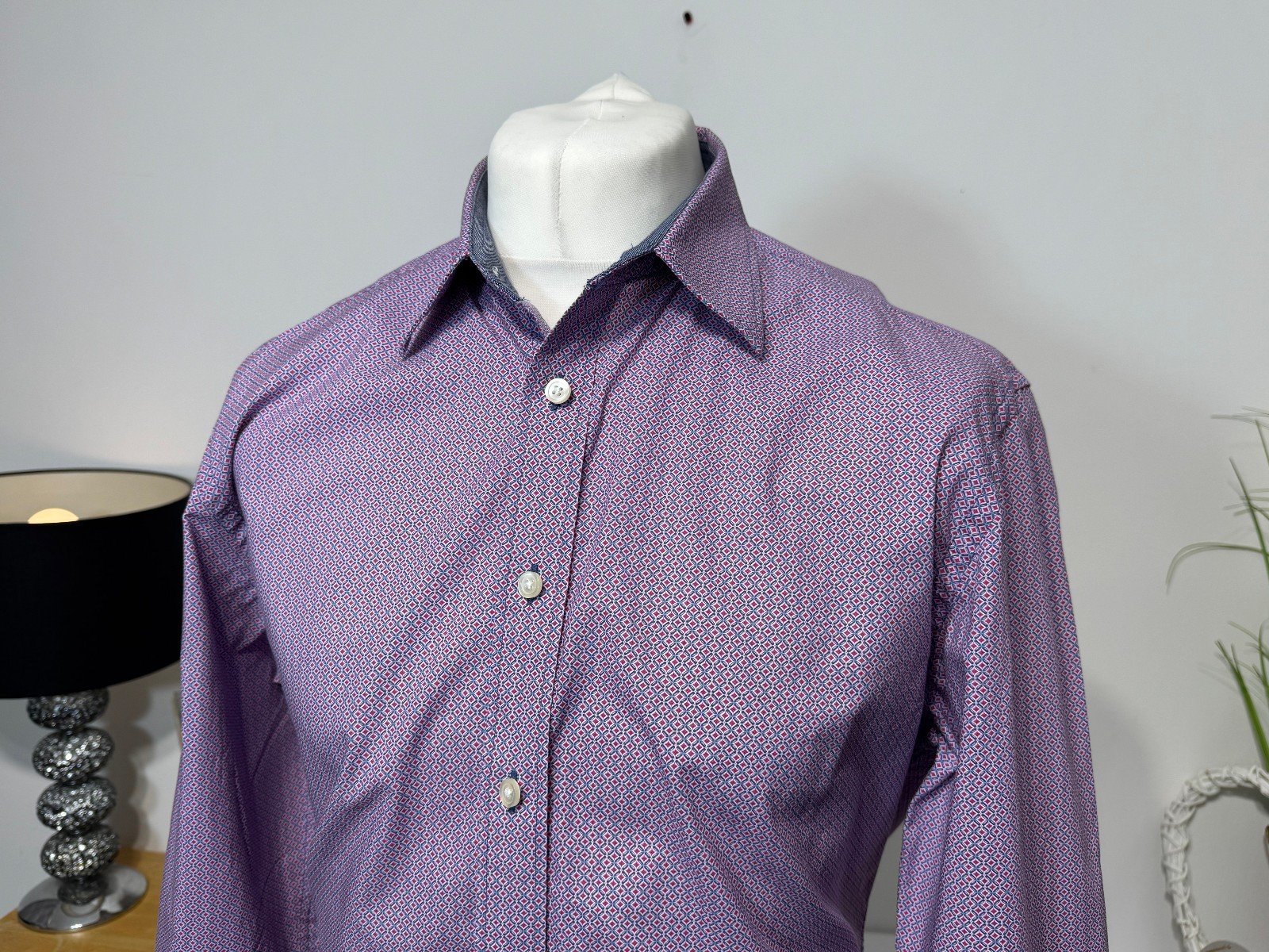 Charles Tyrwhitt Pink Pattern Slim Fit Long Sleeve Shirt Size L