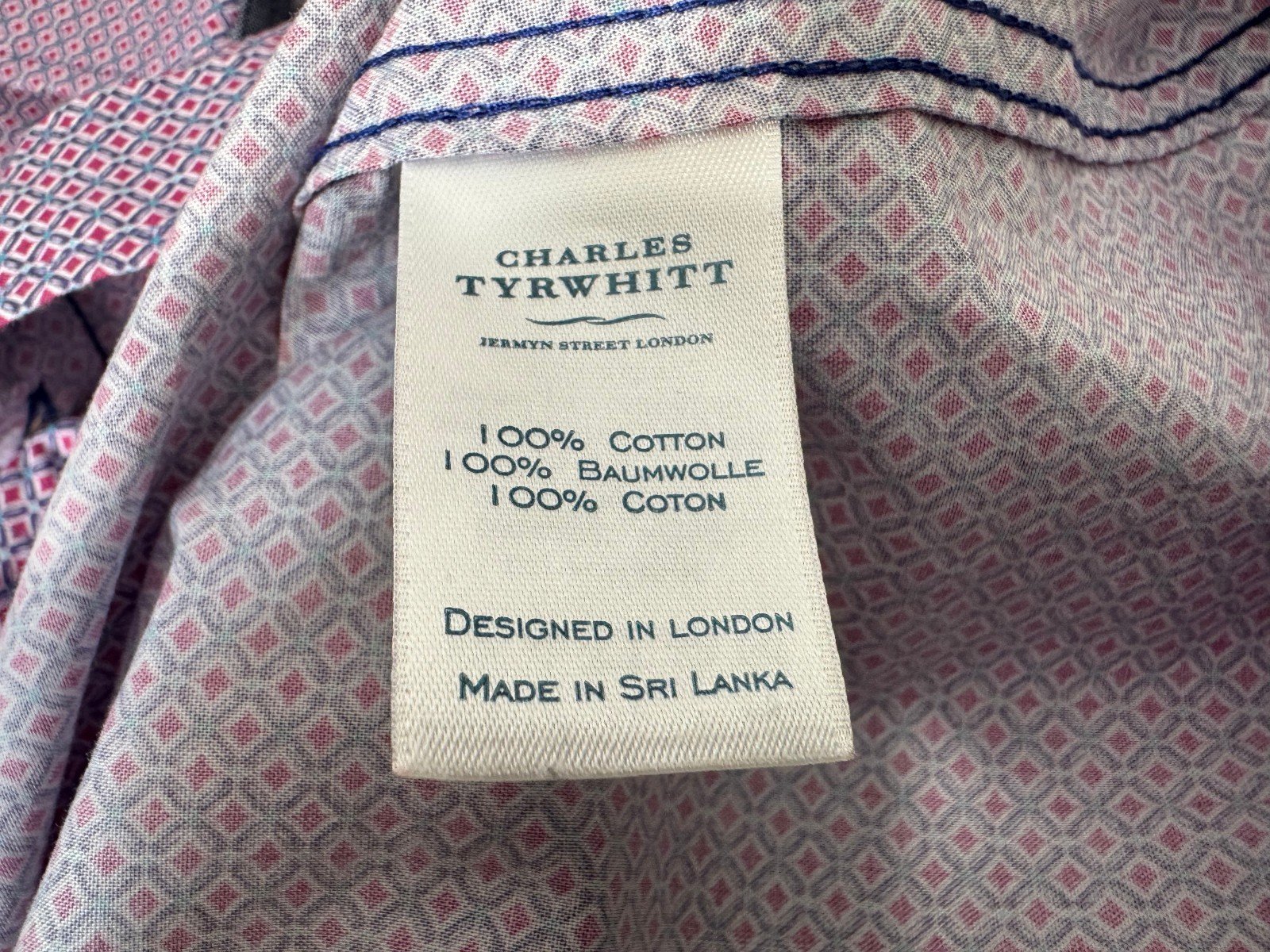 Charles Tyrwhitt Pink Pattern Slim Fit Long Sleeve Shirt Size L