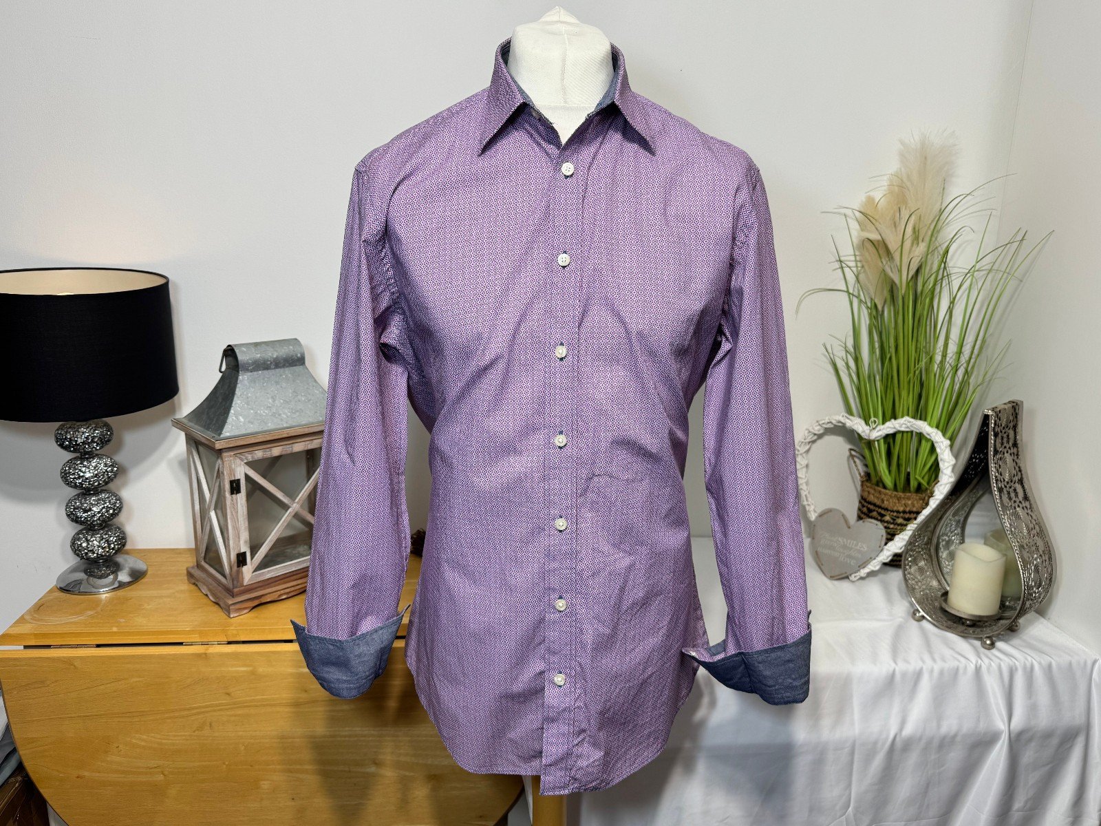 Charles Tyrwhitt Pink Pattern Slim Fit Long Sleeve Shirt Size L