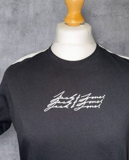 Jack&Jones Black Cotton T-Shirt With Front Graphic White Stripe To Sleeve Size L