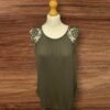 Kharki Green Top Lace Effect Short Sleeve Low Round Neck Flowy Bottom Size M