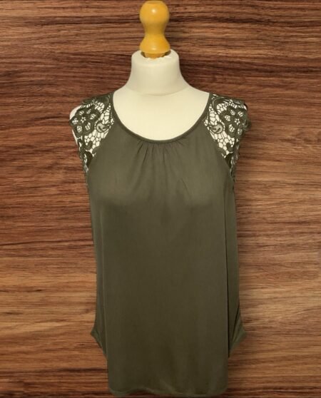 Kharki Green Top Lace Effect Short Sleeve Low Round Neck Flowy Bottom Size M