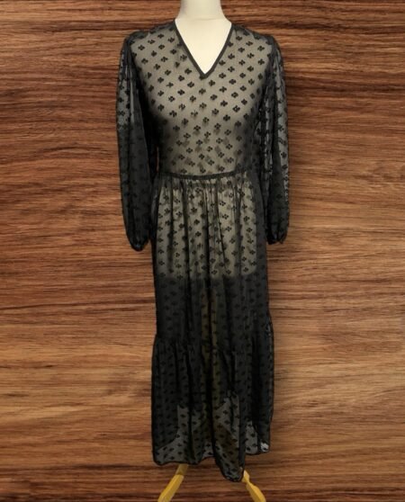 Long Black Beach Dress Frill Hem Vneck With Tie 3 Quarter Balloon Sleeve S10