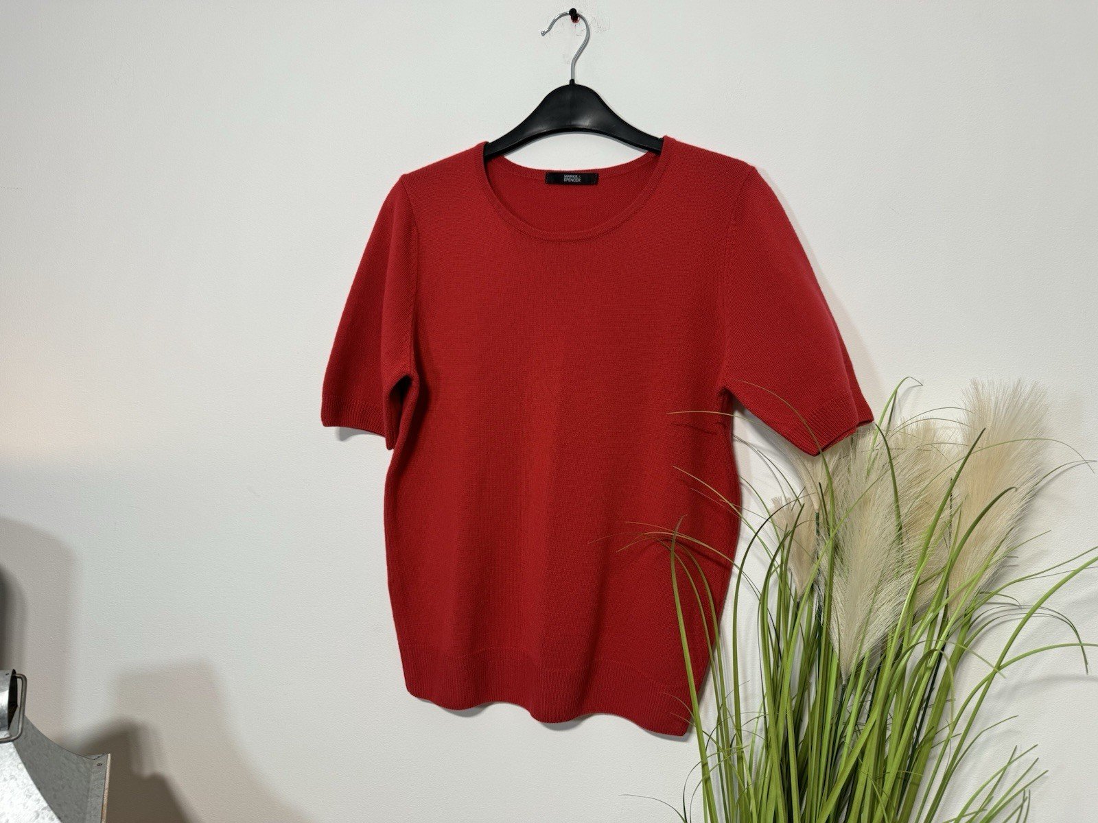 M&S Red Mix Acrylic Fine Knit Short Sleeve Jumper Size 10