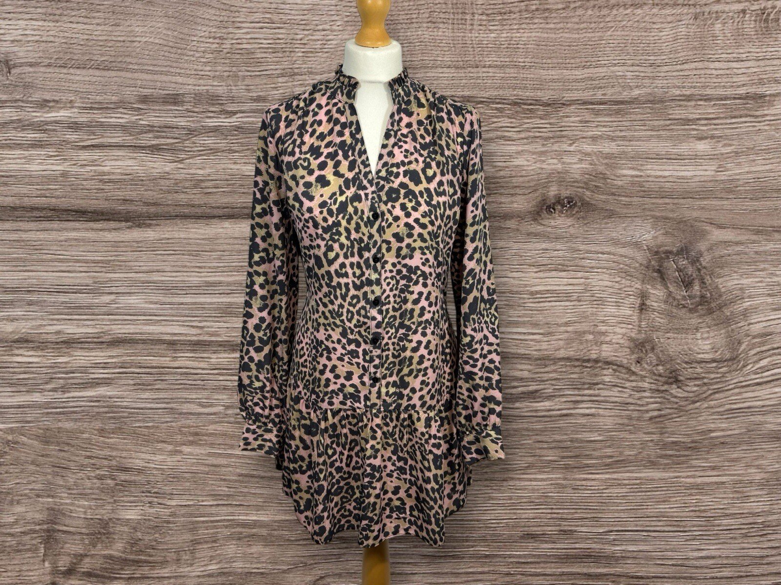 Papaya Leopard Print Dress. Frill Collar/hem Cuffed Sleeve Size 14
