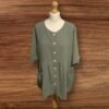 Sage Green Blouse Button Front Gathered From Waist Short Sleeve Size 1XL