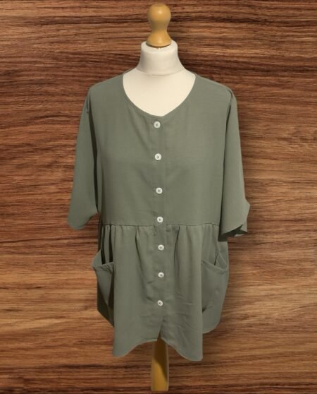 Sage Green Blouse Button Front Gathered From Waist Short Sleeve Size 1XL
