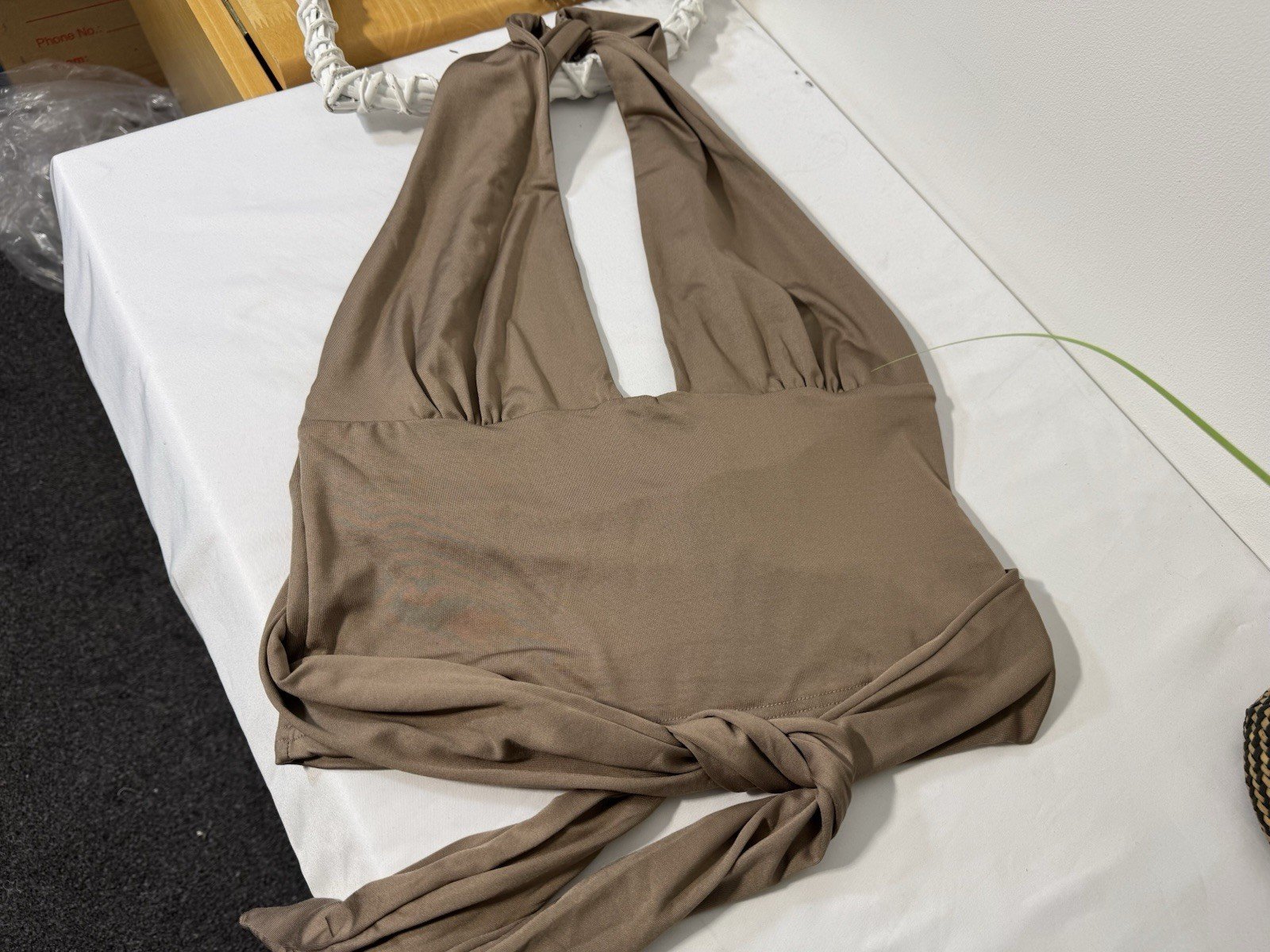 Taupe Halter Neck Crop Top With Wrap Around Ties Size M