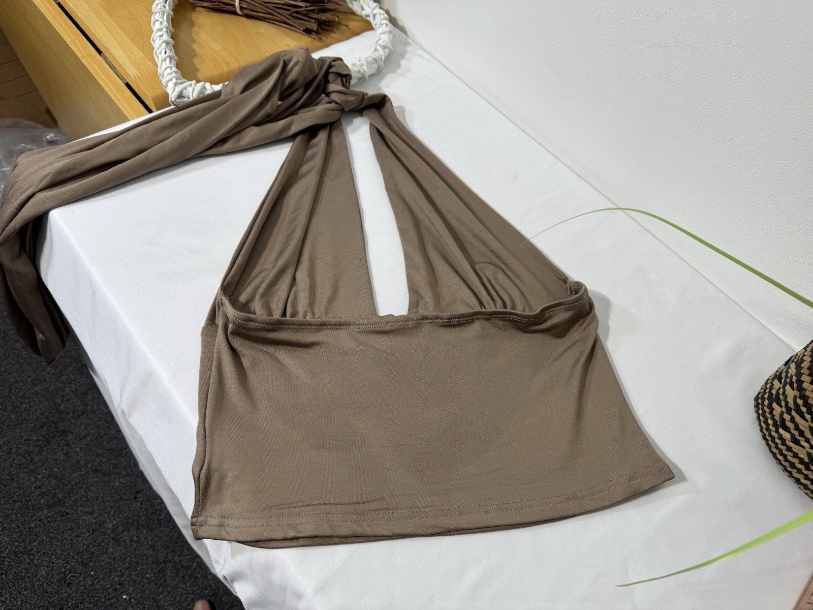 Taupe Halter Neck Crop Top With Wrap Around Ties Size M