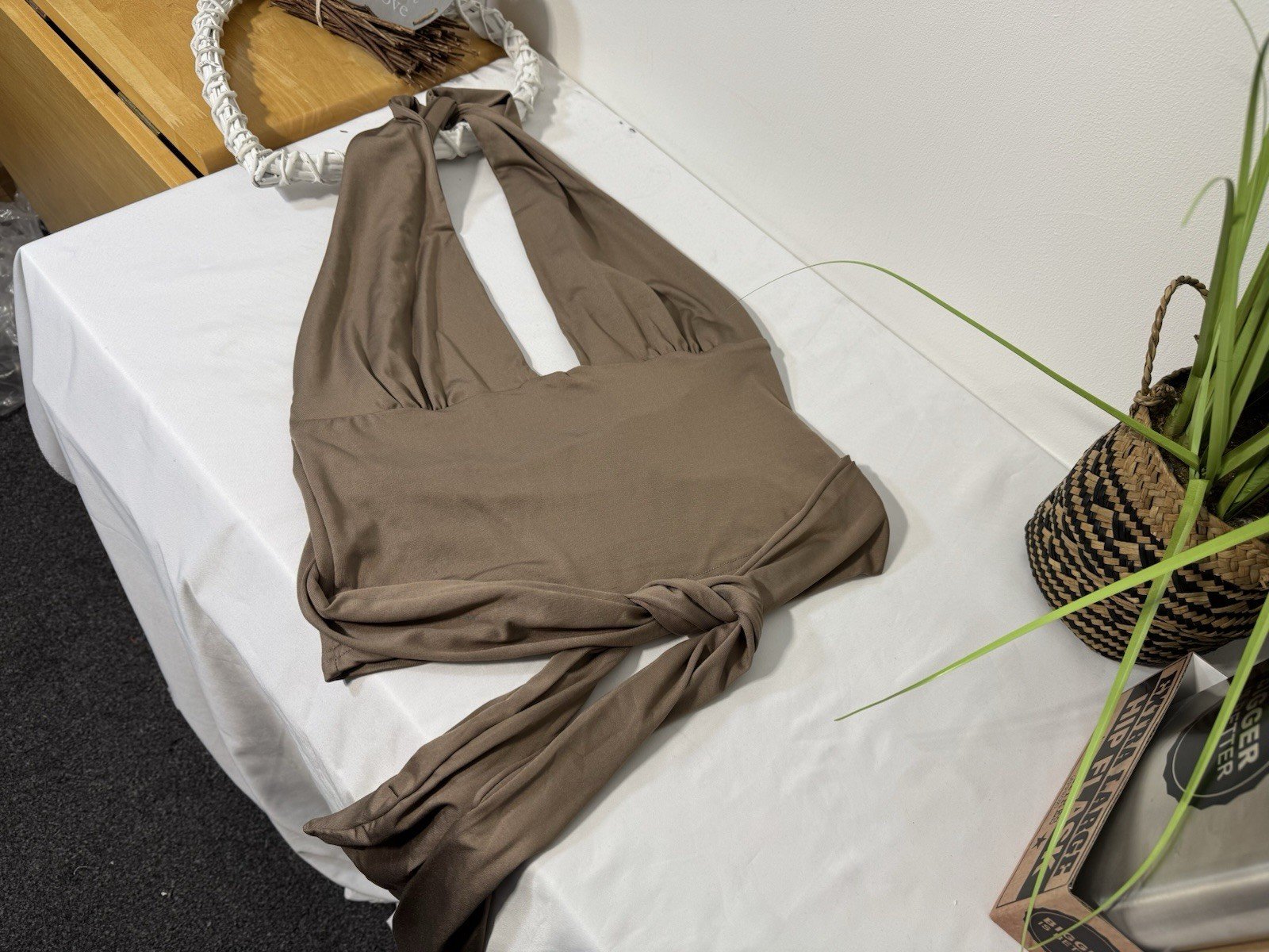 Taupe Halter Neck Crop Top With Wrap Around Ties Size M