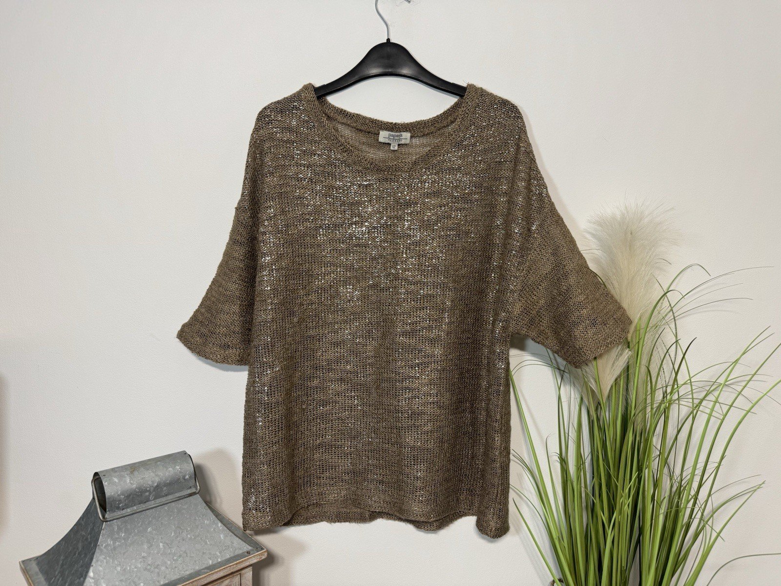 Taupe & Silver Sparkle Drop Shoulder Knit Top Size 12