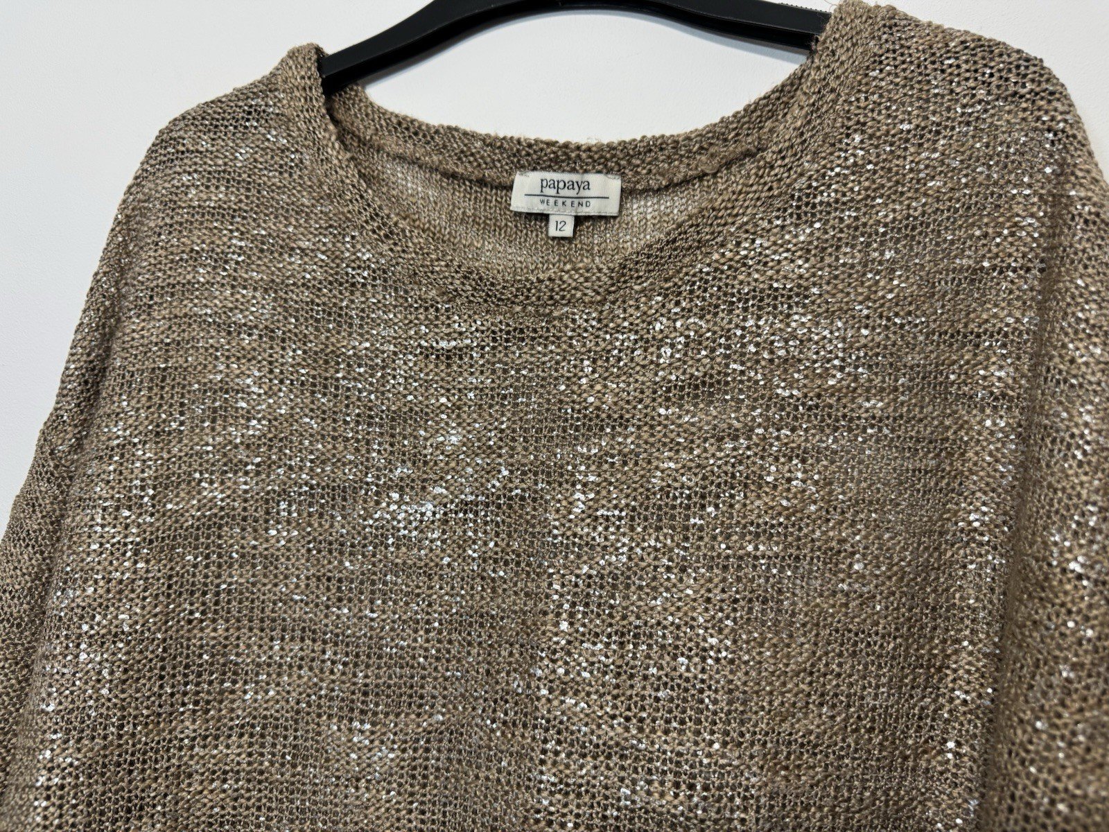 Taupe & Silver Sparkle Drop Shoulder Knit Top Size 12