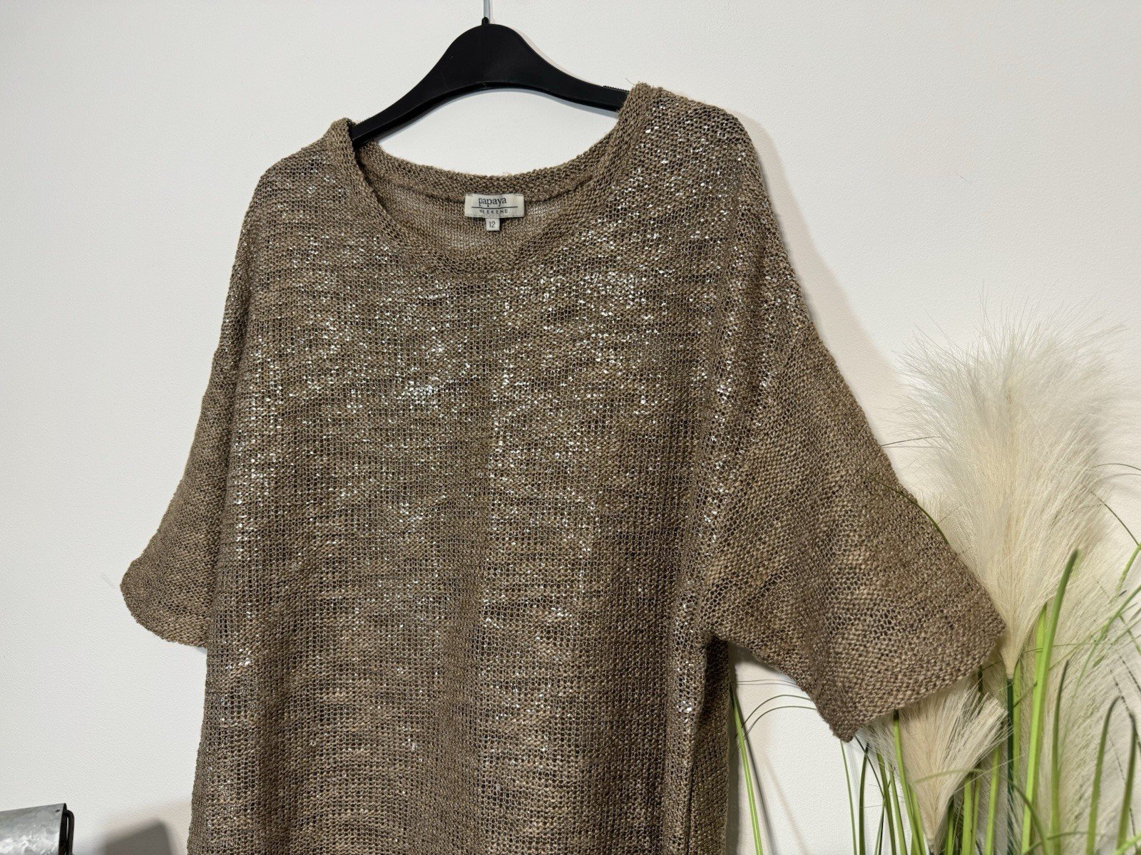 Taupe & Silver Sparkle Drop Shoulder Knit Top Size 12