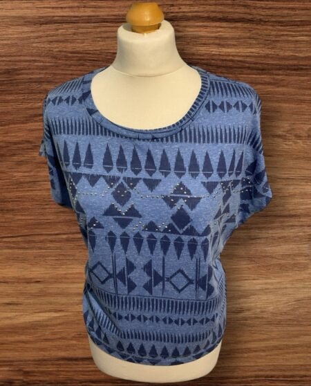 Two Tone Blue Patterned Top With Sequin Detail Scoop Neck Size 12
