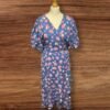 Women Pale Blue Long Wrap Dress  Pink/white Pattern Frill Edging Puff Sleeve S18