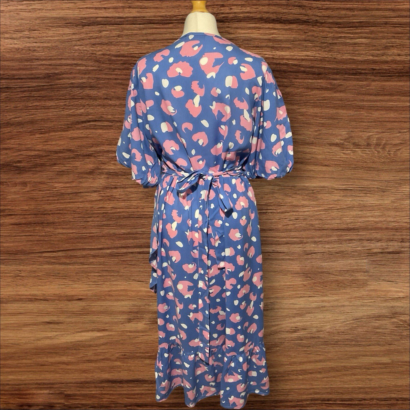 Women Pale Blue Long Wrap Dress Pink/white Pattern Frill Edging Puff Sleeve S18