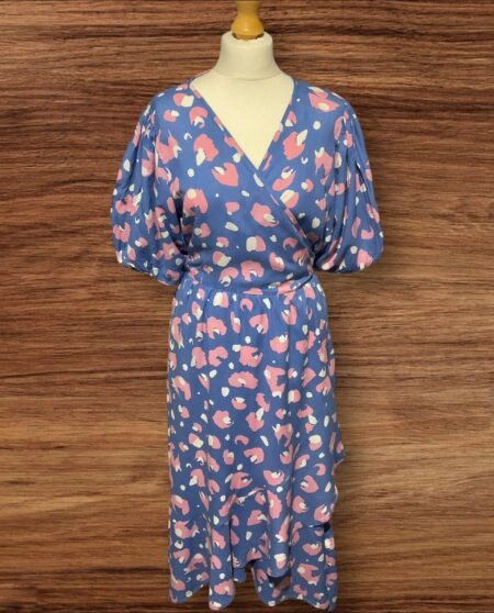 Women Pale Blue Long Wrap Dress  Pink/white Pattern Frill Edging Puff Sleeve S18