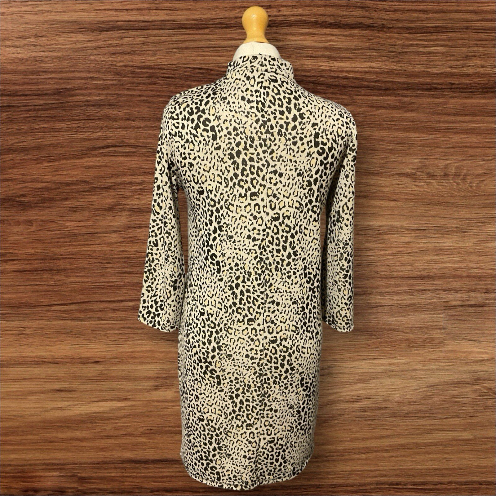 Womens Beige Leopard High Neck Long Sleeve Straight Knee Length Dress S10