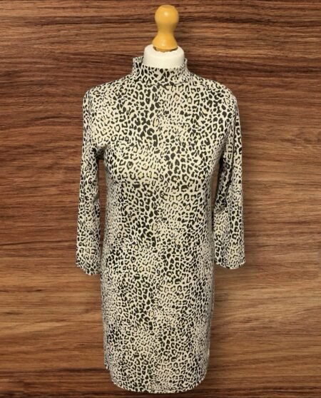 Womens Beige Leopard High Neck Long Sleeve Straight Knee Length Dress S10
