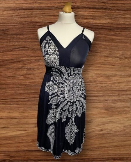 Womens Dark Blue Slip Dress With White Pattern Knee Length Size 10