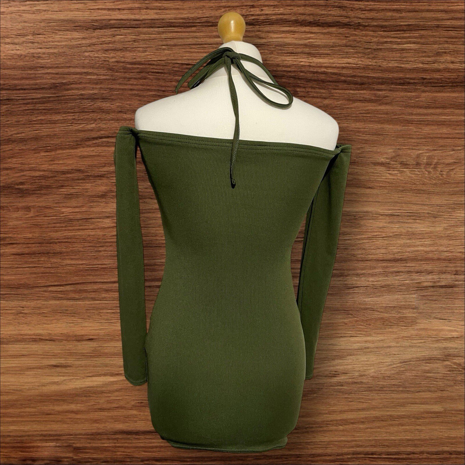 Womens PLT Green Off The Shoulder Bodycon Mini Dress Long Sleeve Ruch Bust S6