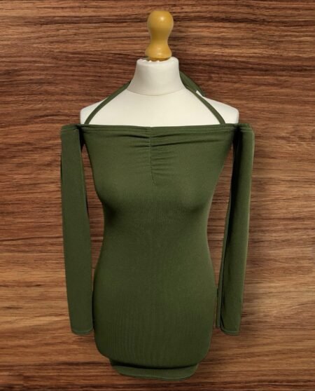 Womens PLT Green Off The Shoulder Bodycon Mini Dress Long Sleeve Ruch Bust S6