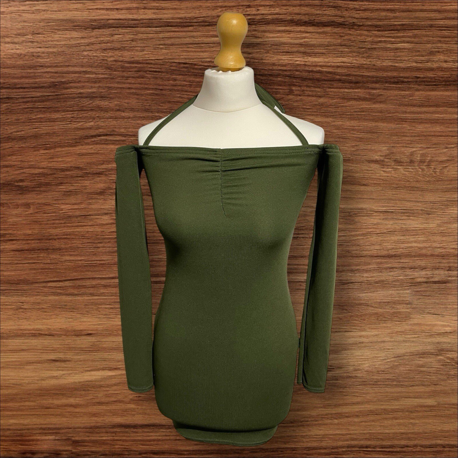 Womens PLT Green Off The Shoulder Bodycon Mini Dress Long Sleeve Ruch Bust S6