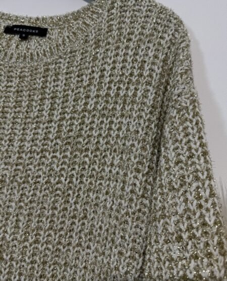 Beige & Gold Glitter Thread Chunky Knit Long Sleeve Jumper Size S