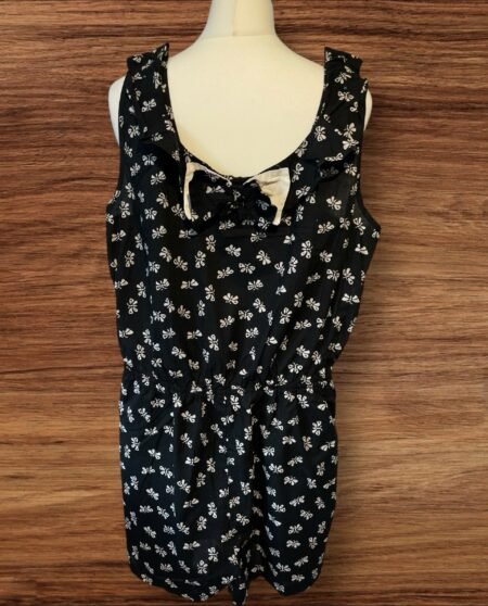 Black Playsuit White Butterfly Pattern Frill Neck Bow Elastic Back Bodice S16