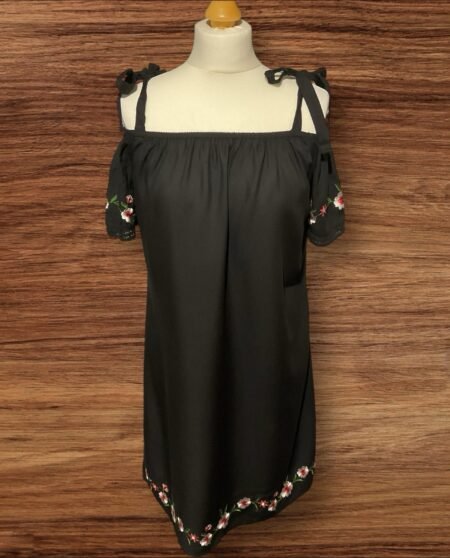 Black Tie Strap Dress Off The Shoulder Drop Sleeve Embroidered Sleeve/hem Size10