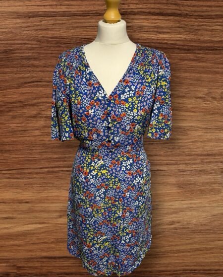 Blue Floral A-line Dress Vneck Button Detail Elastic Waist Bell Sleeve Size 14