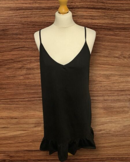 Boohoo Black Strap Dress With Frill Hem Cotton Size 14