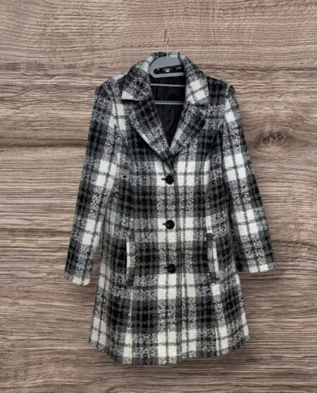 EWM Black White Check Lined Wool Effect Coat Button Close Pockets 14