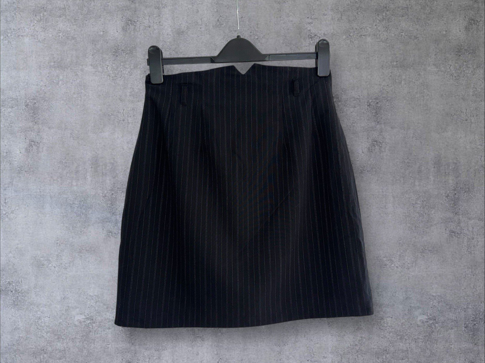 Etam Black Pinstripe Lined Pencil Skirt V Detail Waistband Belt Loops Size 14