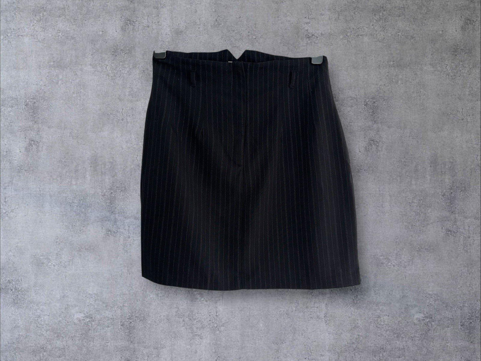 Etam Black Pinstripe Lined Pencil Skirt V Detail Waistband Belt Loops Size 14