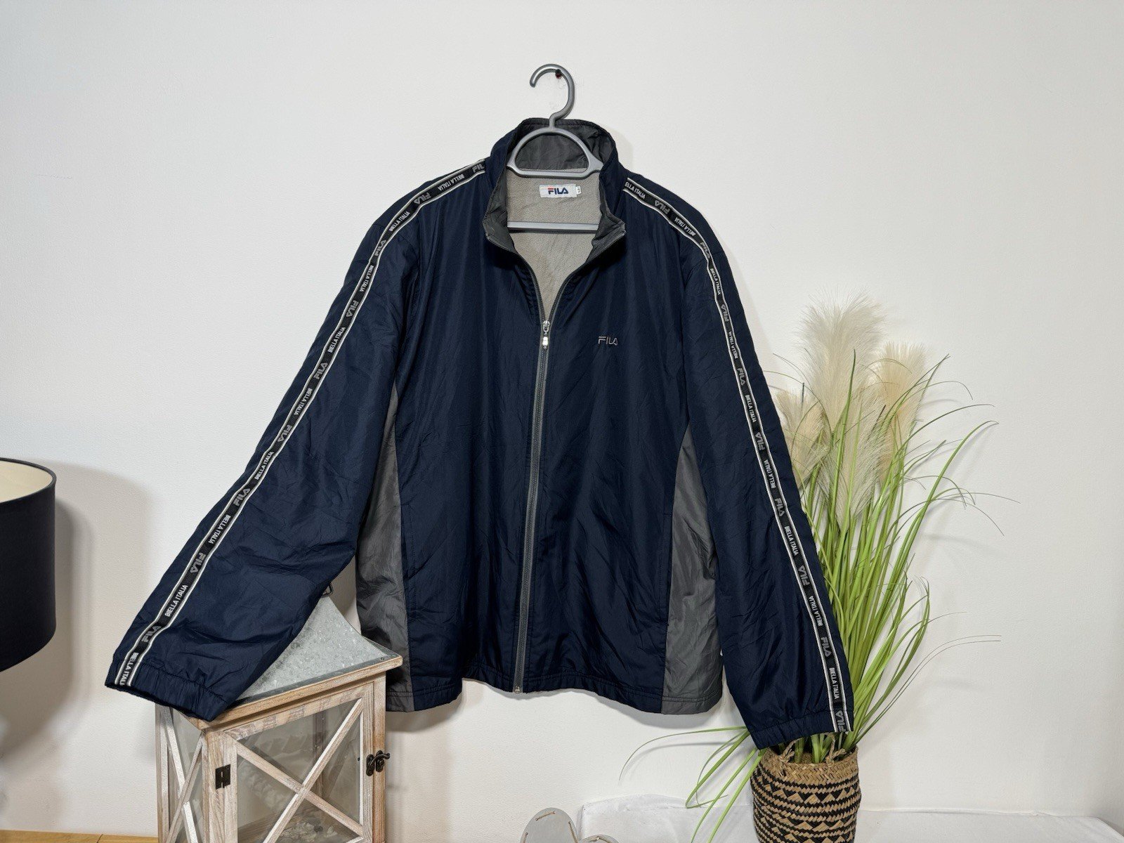 Fila Navy Full Zip High Collar Logo Arm Stripe Fleece Lined Jacket Size L