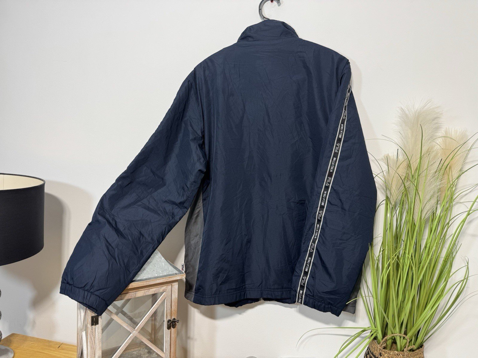 Fila Navy Full Zip High Collar Logo Arm Stripe Fleece Lined Jacket Size L