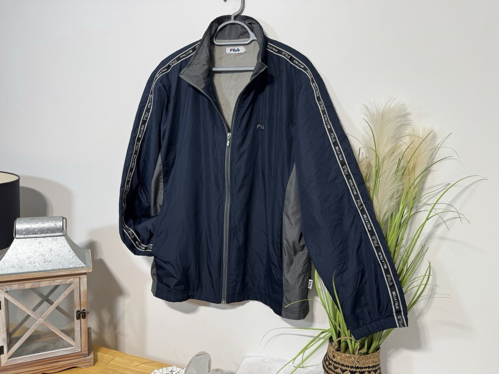 Fila Navy Full Zip High Collar Logo Arm Stripe Fleece Lined Jacket Size L