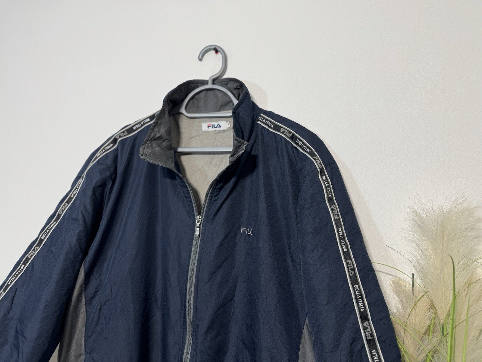 Fila Navy Full Zip High Collar Logo Arm Stripe Fleece Lined Jacket Size L