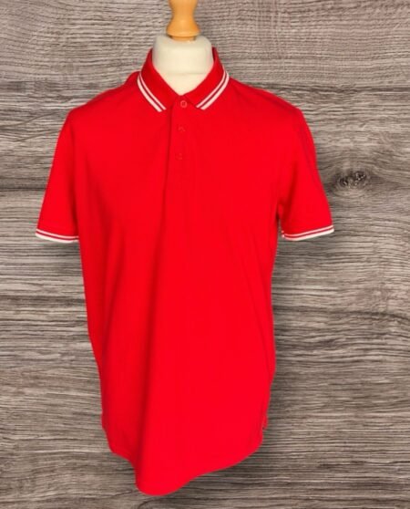 Flame Red Pique Knit Cotton  Polo Shirt White Trim Contrast Size XL