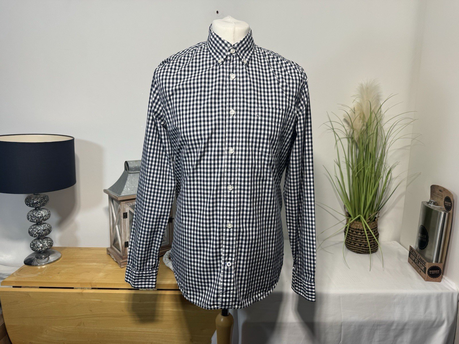 Gap Navy & White Check Button Down Long Sleeve Shirt Size L